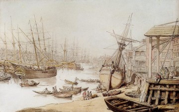  Rowlandson Art Painting - A View On The Thames With Numerous Ships And Figures On The Wharf caricature Thomas Rowlandson